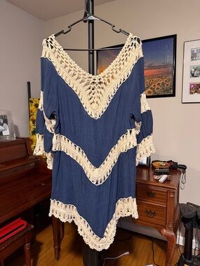 Boho Navy and Cream Crochet Trim Swim Coverup